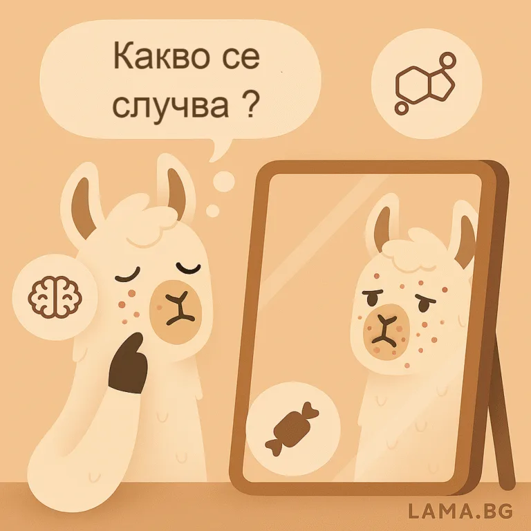 Лама се гледа в огледало с видими пъпки – символ на акне и вътрешен дисбаланс