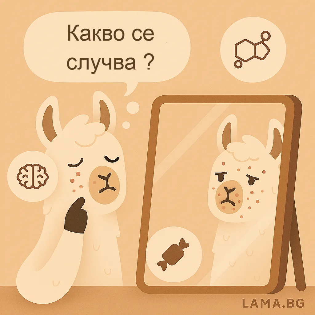 Лама се гледа в огледало с видими пъпки – символ на акне и вътрешен дисбаланс