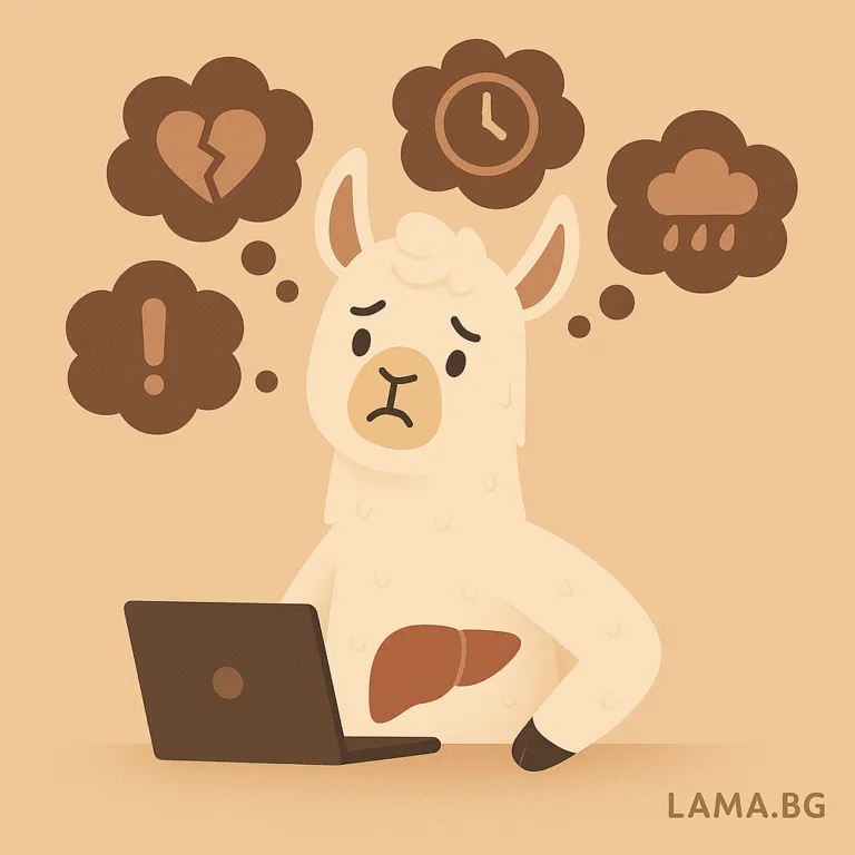 Лама с тревожен израз, заобиколена от икони на притеснение – облаци, удивителна, часовник