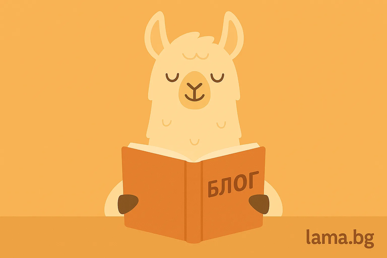 Лама чете отворена книга с надпис „БЛОГ“ и воден знак lama.bg