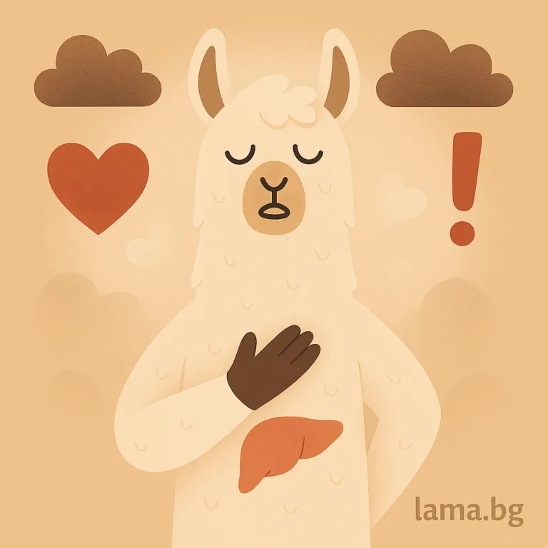 Лама с ръка на сърцето, обградена от тревожни символи, диша дълбоко в момент на паник атака