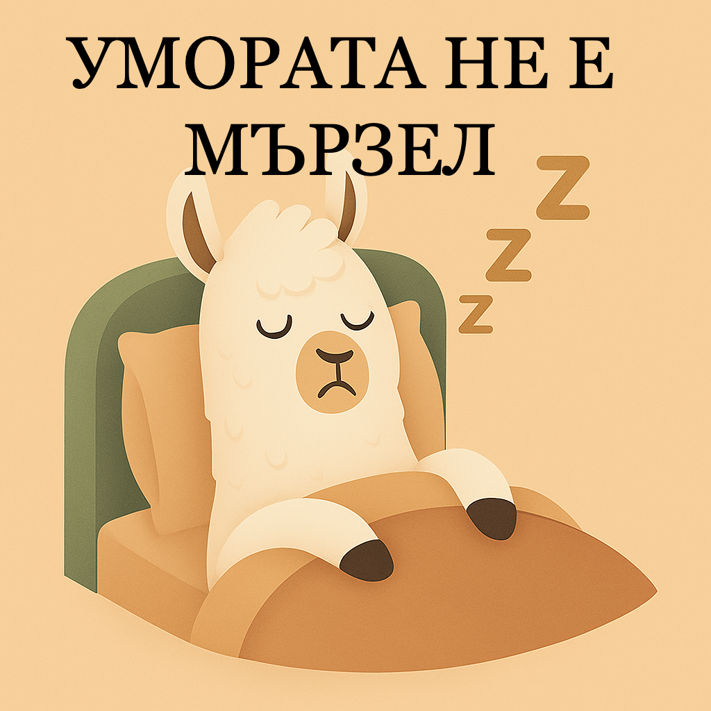 Уморена лама в легло с надпис „Умората не е мързел“