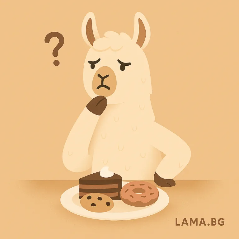 Лама, която гледа колебливо към чиния със сладкиши – визуализация на вътрешния конфликт със захарта