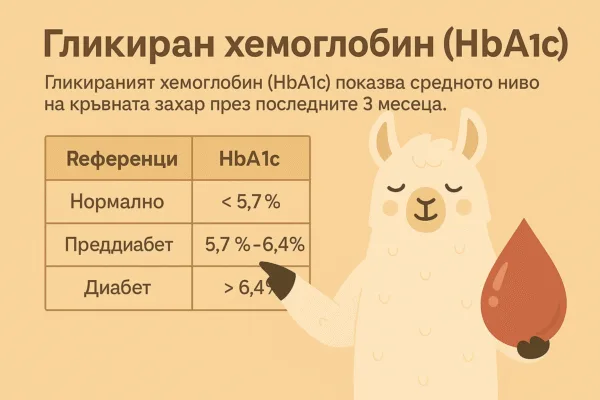 Информационна илюстрация с лама, показваща гликиран хемоглобин и изследвания за кръвна захар.