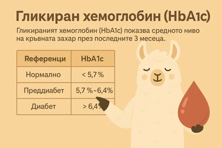 Информационна илюстрация с лама, показваща гликиран хемоглобин и изследвания за кръвна захар.