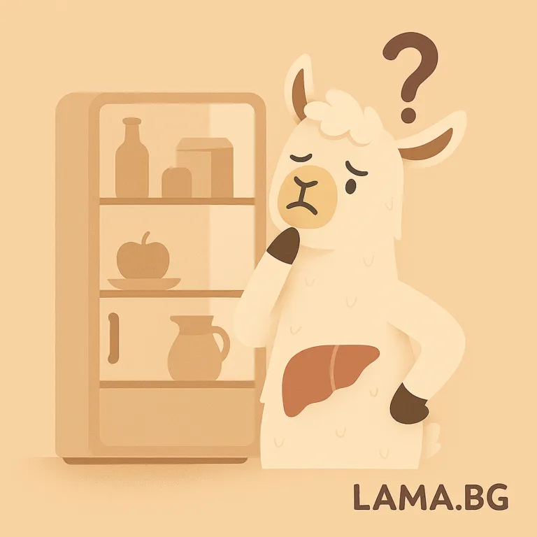 Илюстрация на объркана лама, застанала пред отворен хладилник, символизираща глад след хранене и колебание.