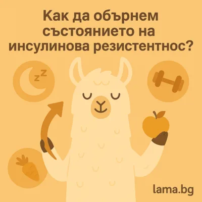 Лама държи ябълка и стрелка, заобиколена от икони за сън, храна и движение – темата е инсулинова резистентност