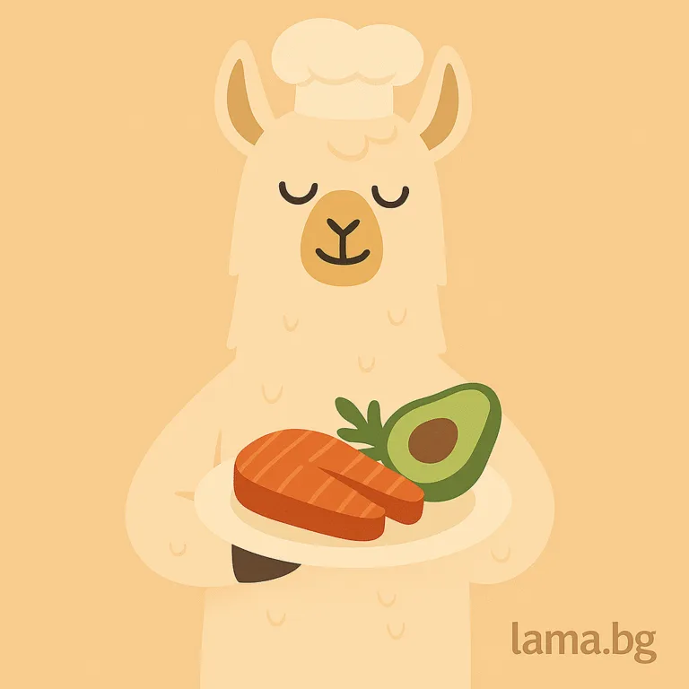 Лама с чиния със сьомга и авокадо – илюстрация за обяд при инсулинова резистентност