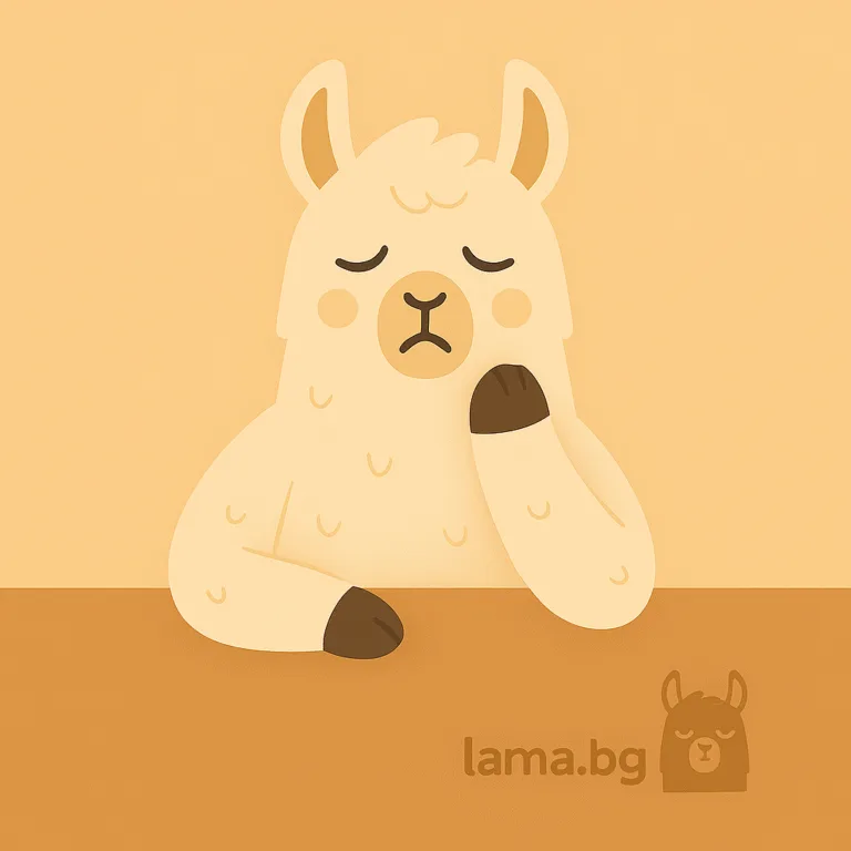 Изтощена и гладна лама с отпуснати уши и празна чиния – илюстрация на тревожност при умора и глад