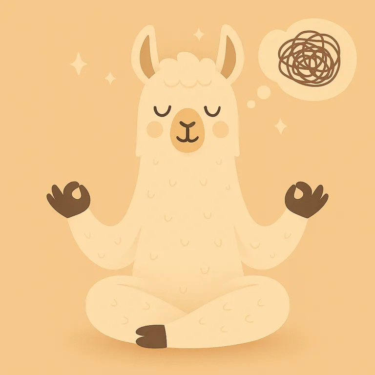 Илюстрация на лама в отпусната поза с чай и книга – визуализация на ментален детокс