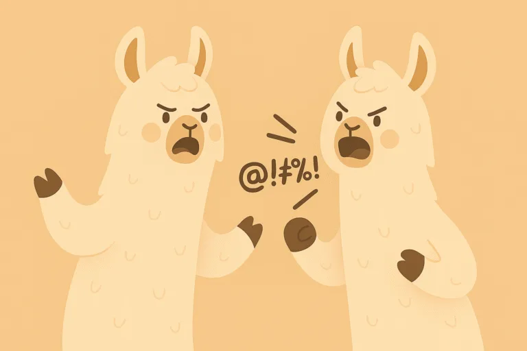 Две лами в спор, изразяващи гняв с комиксови символи върху неутрален фон – илюстрация в стил lama.bg