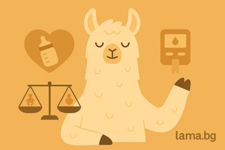 Лама със замислено изражение, до нея бебешко шише и глюкомер – символ на връзката между инсулинова резистентност и забременяване