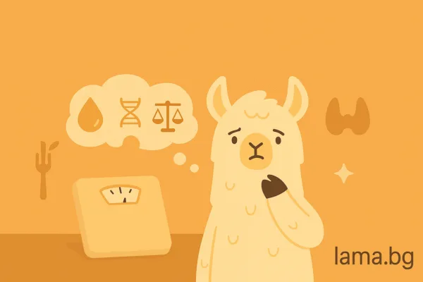 Лама стои пред кантар с мисловен облак със символи на хормони, ДНК и баланс – връзка между хормони и тегло