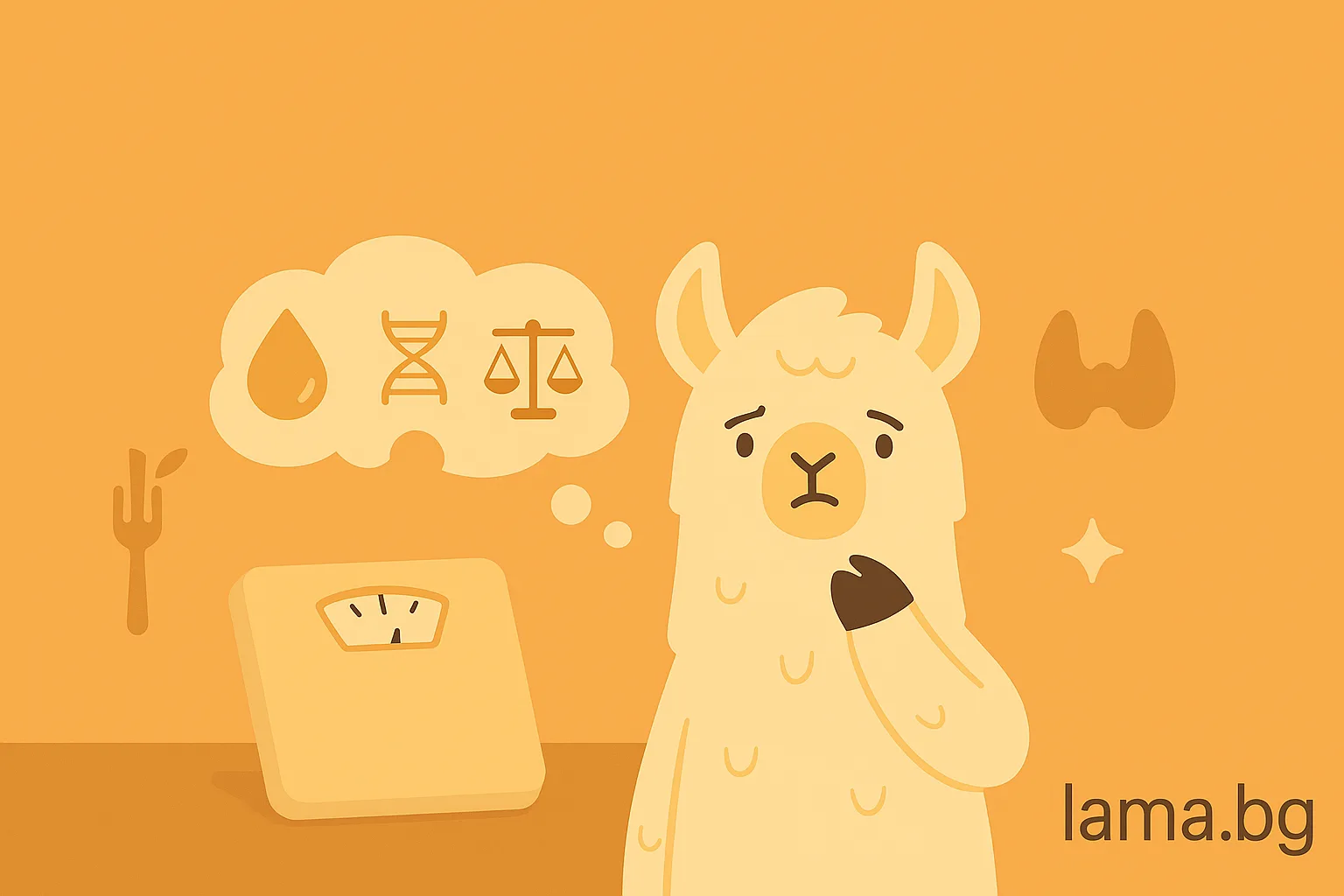 Лама стои пред кантар с мисловен облак със символи на хормони, ДНК и баланс – връзка между хормони и тегло