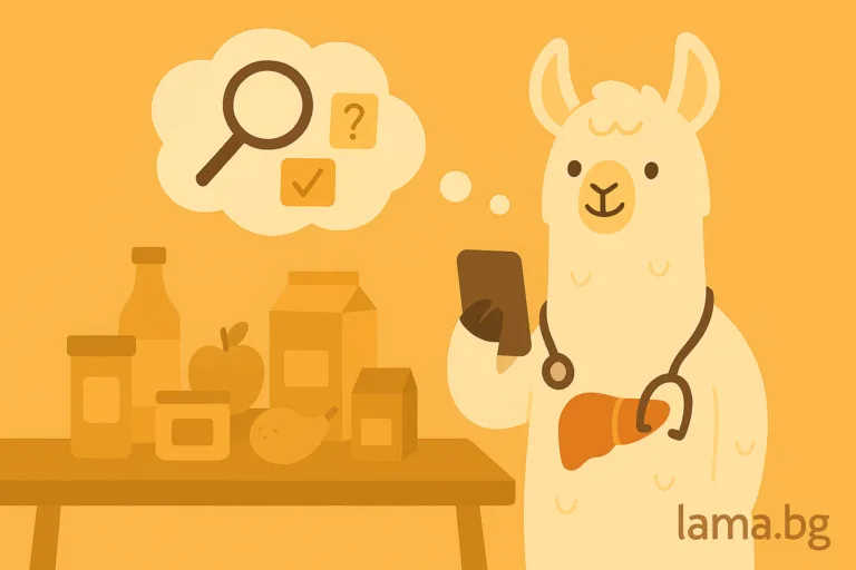 Лама държи телефон и снима маса с продукти за анализ – кутии, бутилки, плодове.