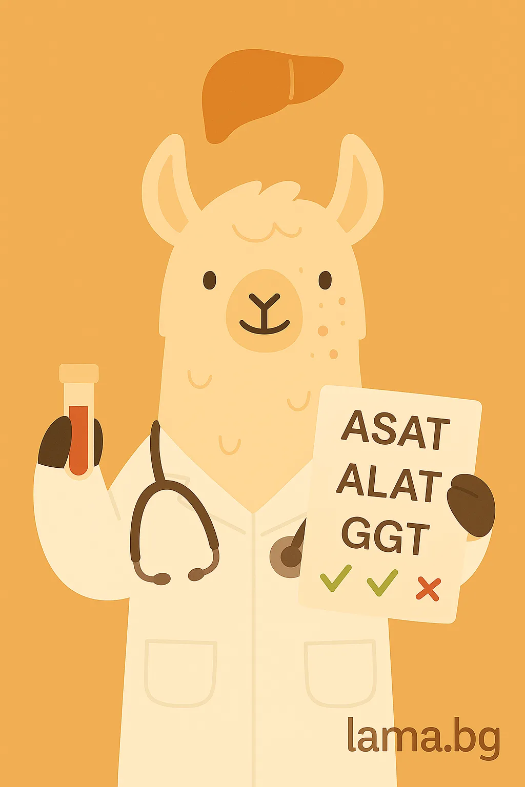 Лама лекар с епруветка и лист с резултати ASAT, ALAT, GGT – чернодробни тестове.