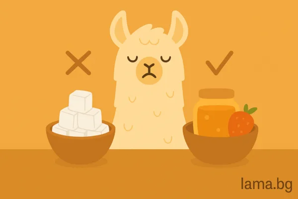 Лама сравнява две купички – едната с рафинирана захар, другата с мед и плодове, символ на вредна и полезна захар.