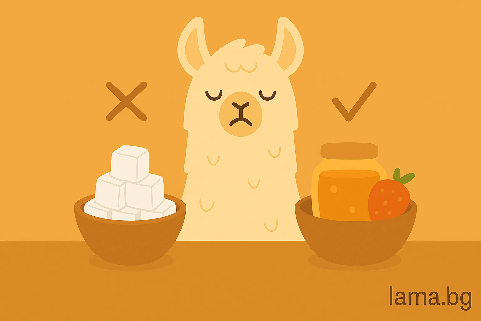 Лама сравнява две купички – едната с рафинирана захар, другата с мед и плодове, символ на вредна и полезна захар.