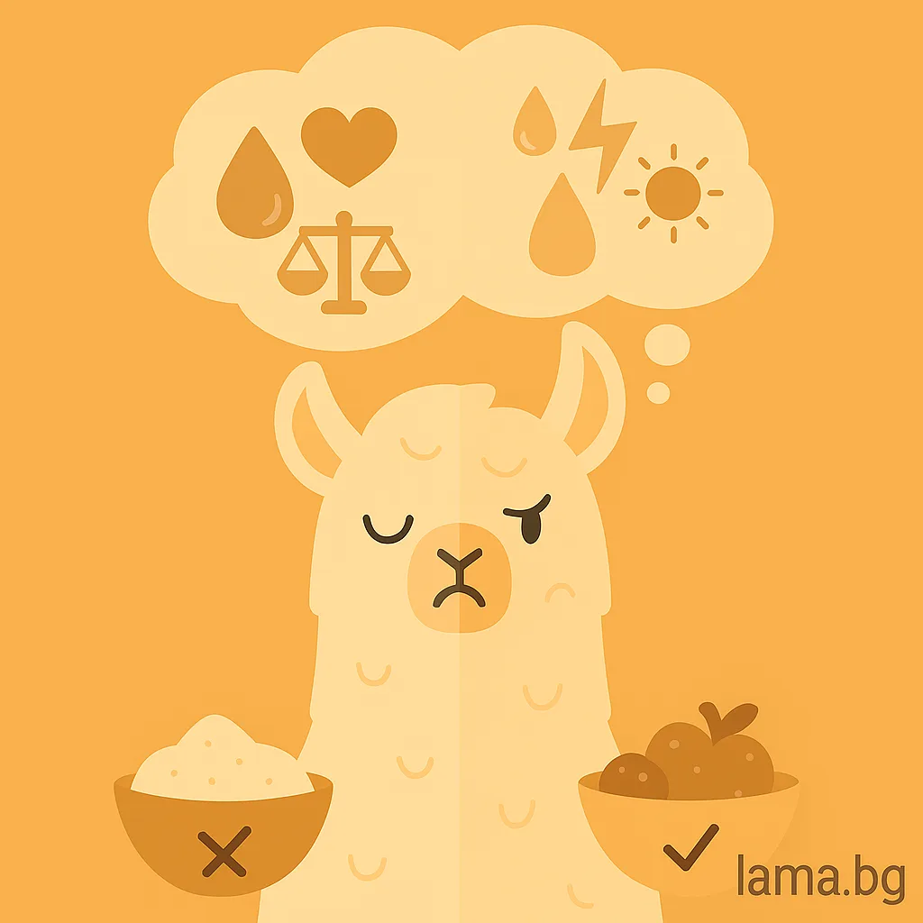 Лама с две половини на лицето – едната усмихната и спокойна, другата стресирана, символ на връзката между емоции и хормони