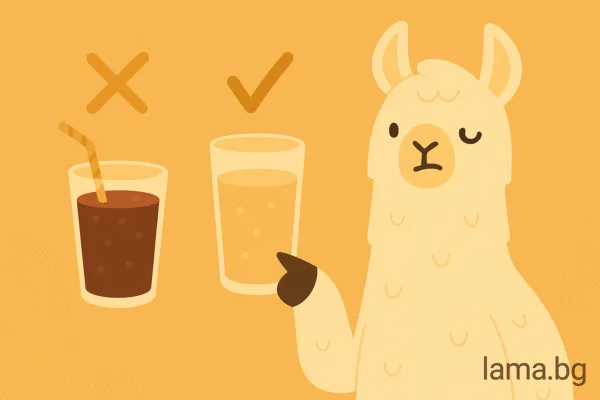Лама сравнява две напитки – газирана със захар и вода или чай, символ на връзката между напитките и инсулиновата резистентност.