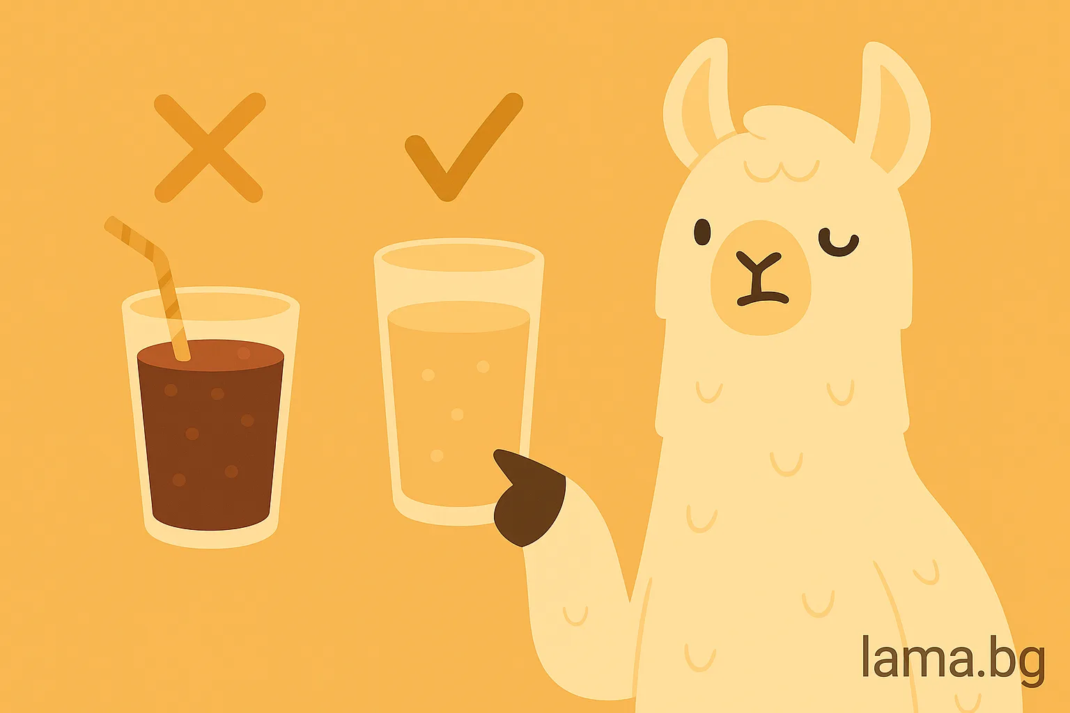 Лама сравнява две напитки – газирана със захар и вода или чай, символ на връзката между напитките и инсулиновата резистентност.