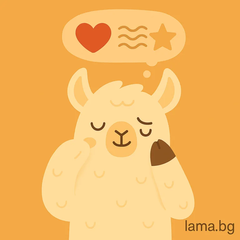 Лама с чувствително лице и мисловен облак със сърце, вълнички и звезда – символ на емоционална свръхчувствителност.