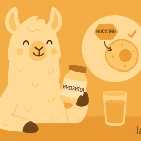 Илюстрация на лама, която държи инозитол и до нея има графика как инозитолът подобрява чувствителността към инсулин.