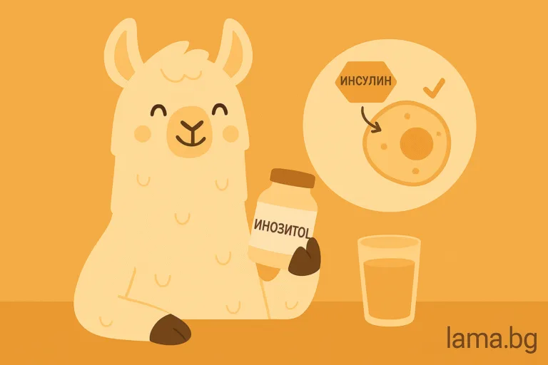 Илюстрация на лама, която държи инозитол и до нея има графика как инозитолът подобрява чувствителността към инсулин.