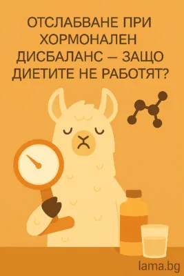 Лама държи кантар и изглежда объркана, символизирайки трудното отслабване при хормонален дисбаланс – минималистична илюстрация в LAMA стил.