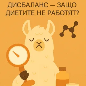 Лама държи кантар и изглежда объркана, символизирайки трудното отслабване при хормонален дисбаланс – минималистична илюстрация в LAMA стил.