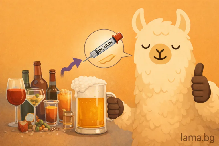 Алкохол и инсулинова резистентност – илюстрация с лама и алкохолни напитки