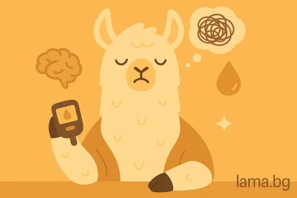 Лама държи глюкомер, а около нея има символи на мозък, тревожност и капка кръв — илюстрация за връзката между диабета и психичното здраве.