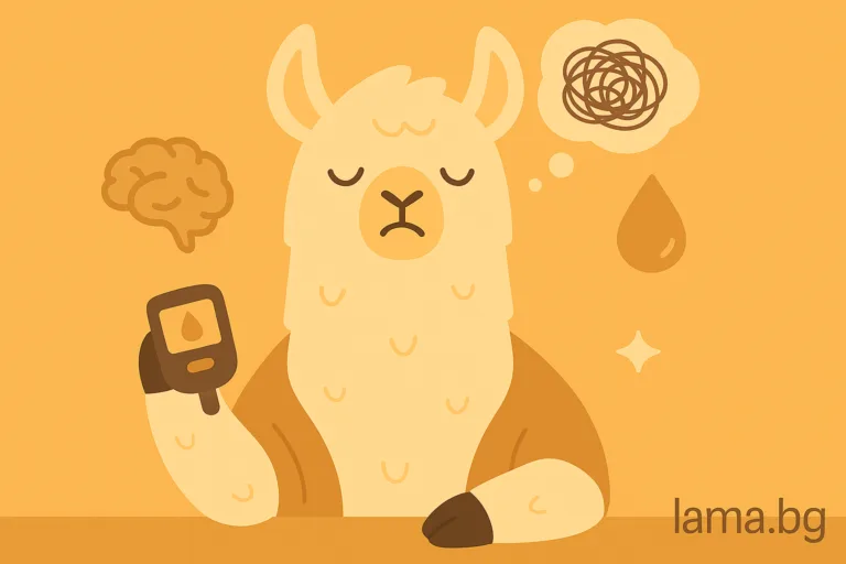 Лама държи глюкомер, а около нея има символи на мозък, тревожност и капка кръв — илюстрация за връзката между диабета и психичното здраве.