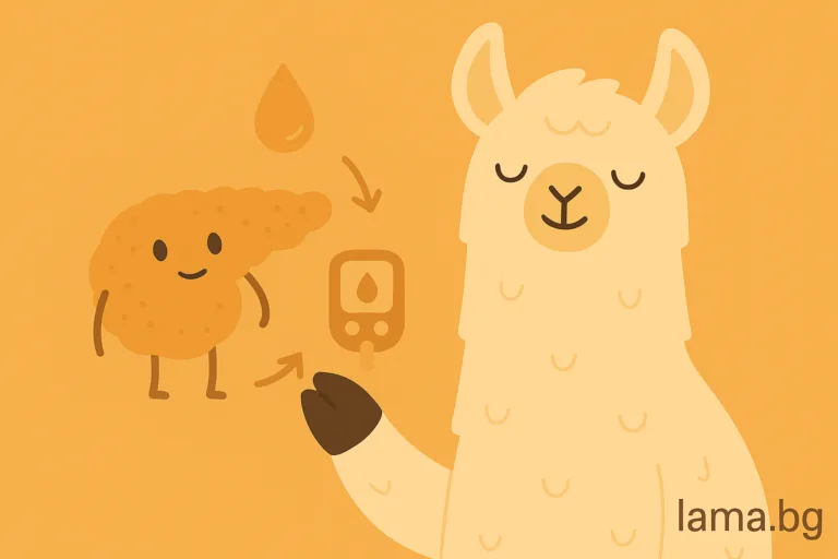 Лама сочи към усмихнат панкреас и глюкомер – визуализация на връзката между панкреаса, инсулина и диабета.