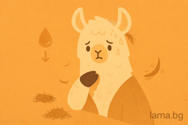 Лама с притеснено изражение и падаща козина около нея – илюстрация за връзката между инсулинова резистентност и косопад.