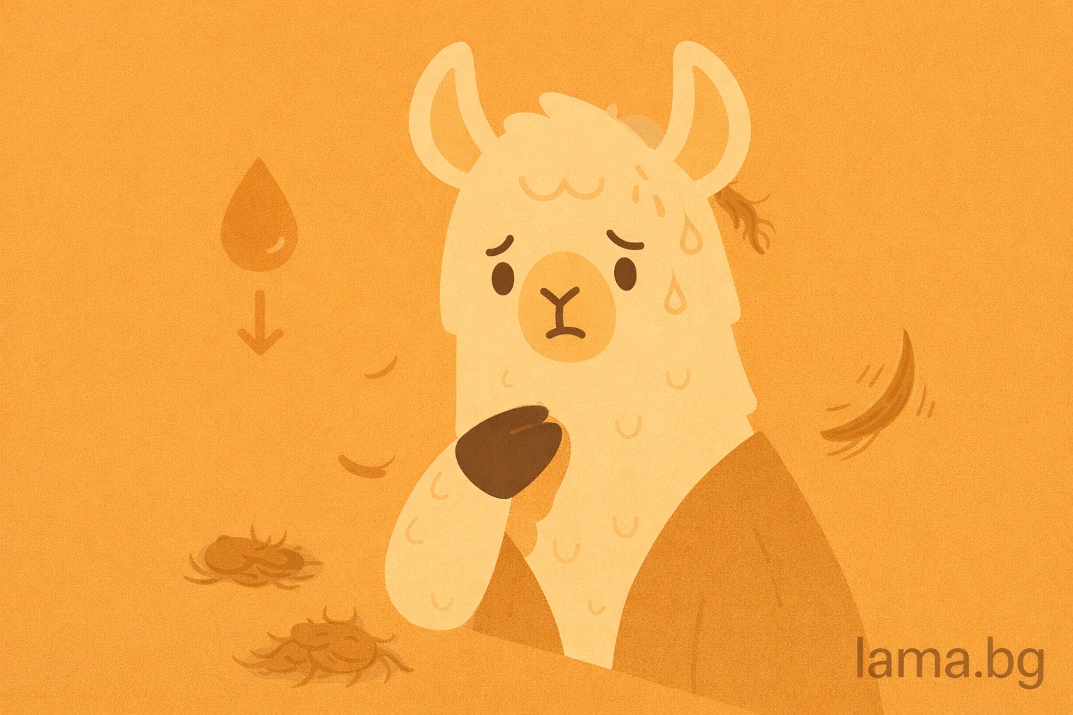 Лама с притеснено изражение и падаща козина около нея – илюстрация за връзката между инсулинова резистентност и косопад.