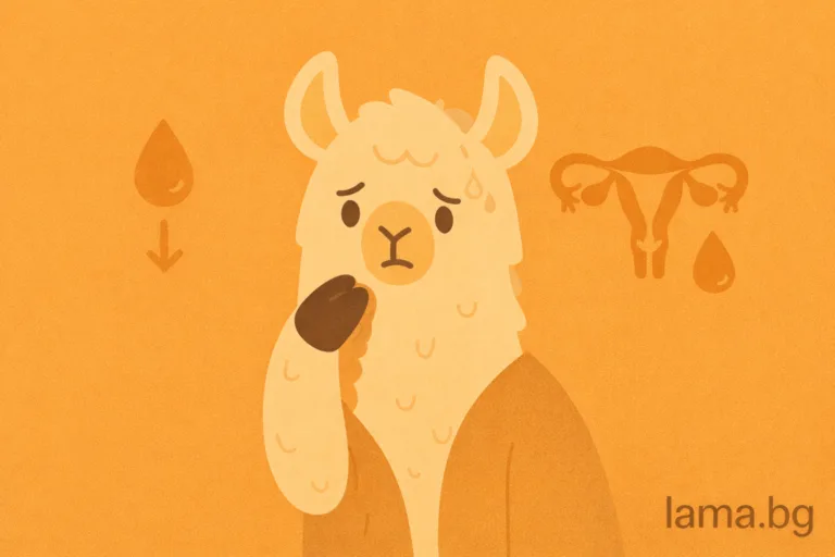 Лама с притеснено изражение и символи на инсулин и менструален цикъл – илюстрация за връзката между инсулинова резистентност и хормонален дисбаланс.