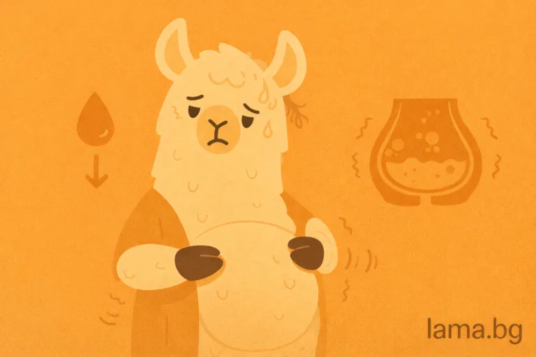 Лама държи подут корем с притеснено изражение и символ на инсулин – илюстрация за връзката между инсулинова резистентност и подуване.