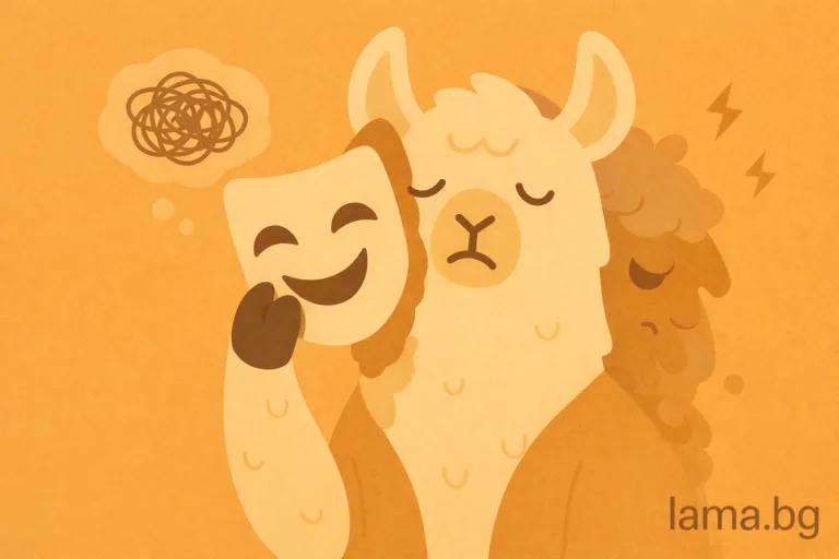 Лама държи усмихната маска пред тъжно лице – илюстрация за високофункционираща депресия и бърнаут.