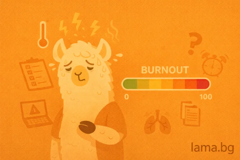 Лама изглежда изтощена с индикатор за бърнаут от 0 до 100 – илюстрация за тест за прегаряне и стрес.