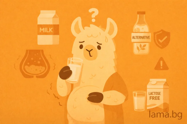 Лама държи чаша мляко и изглежда замислена, заобиколена от символи за лактозна непоносимост и алтернативи на мляко.