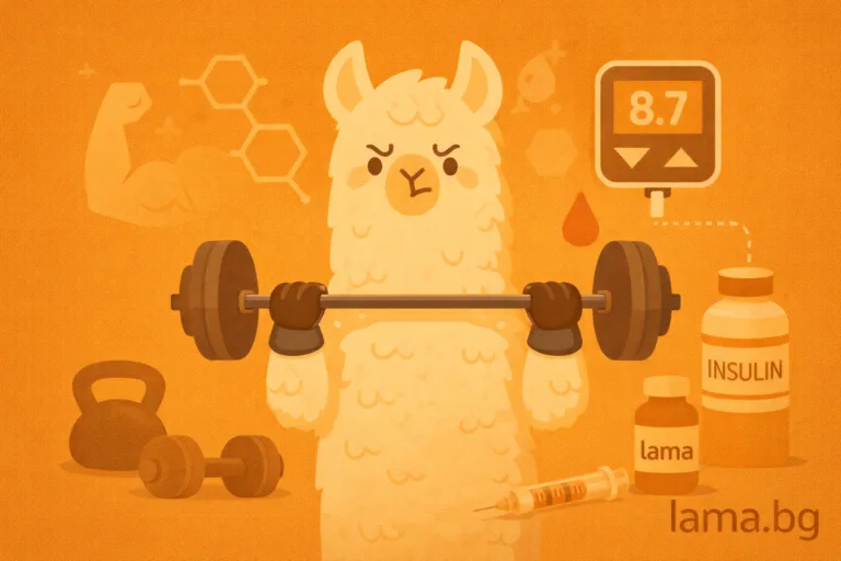 Лама вдига щанга с до нея глюкомер и инсулин – илюстрация за връзката между силови тренировки и инсулинова резистентност.