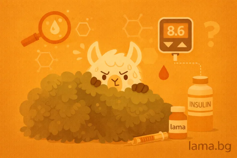 Лама се крие зад храст с символи на инсулин и глюкомер – илюстрация за скрита инсулинова резистентност.