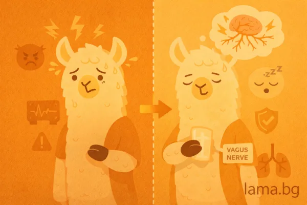 Лама със спокойна поза и символи на нервна система, сън и дишане – илюстрация за ролята на вагус нерв при стрес и възстановяване.