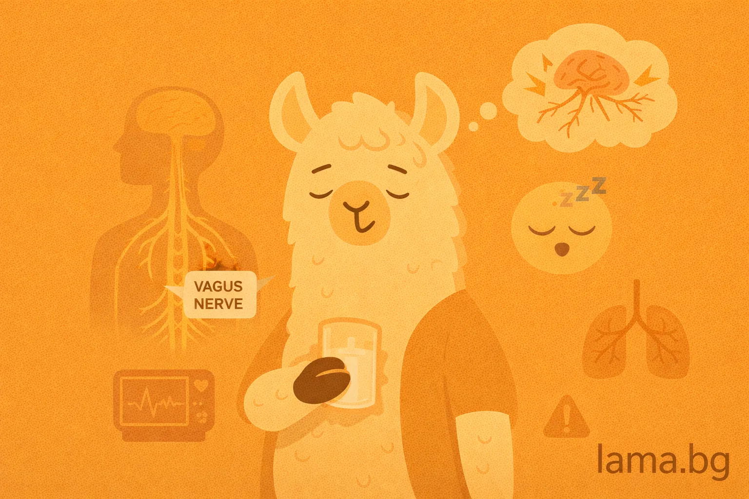 Лама със спокойна поза и символи на нервна система, сън и дишане – илюстрация за ролята на вагус нерв при стрес и възстановяване.