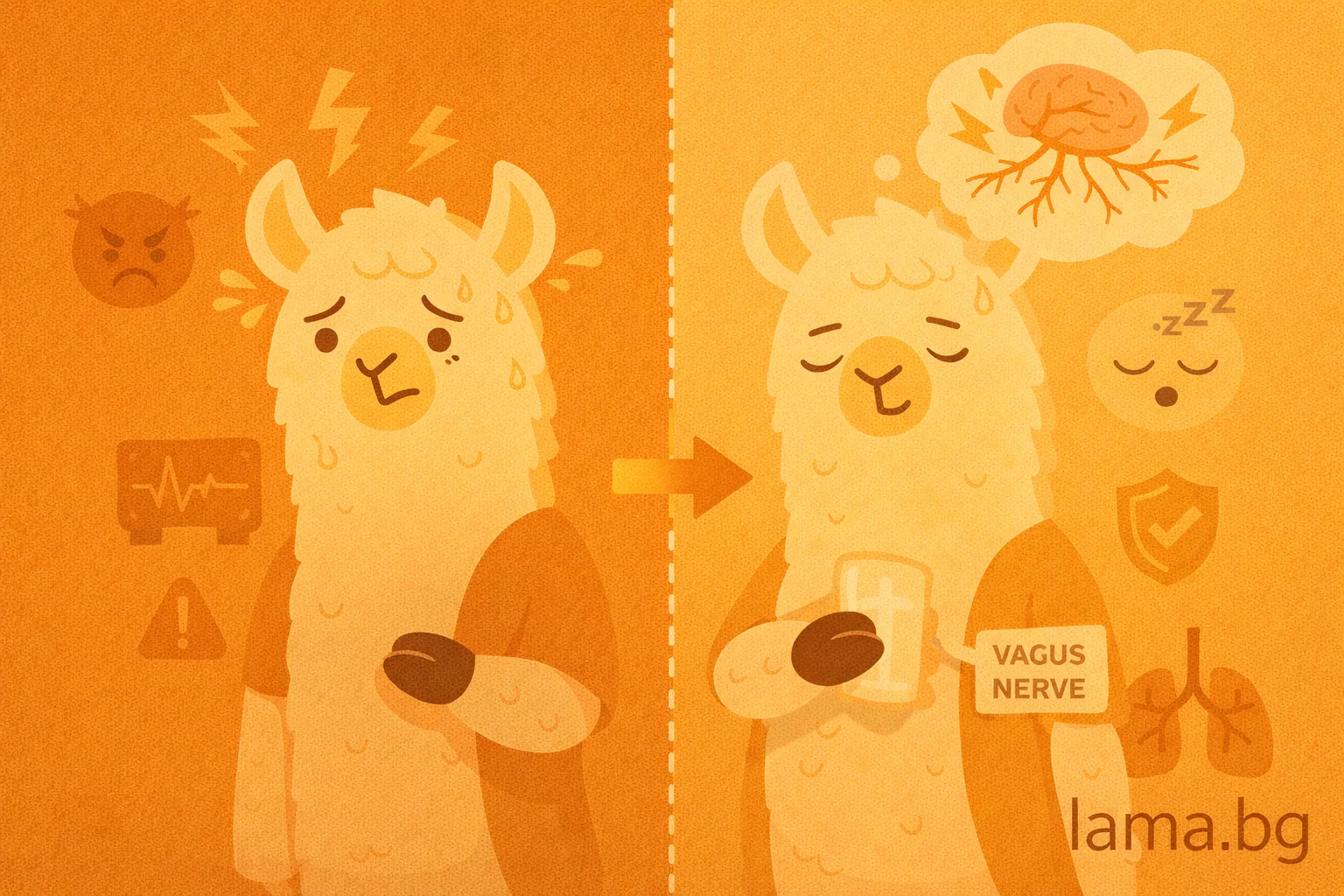 Лама със спокойна поза и символи на нервна система, сън и дишане – илюстрация за ролята на вагус нерв при стрес и възстановяване.