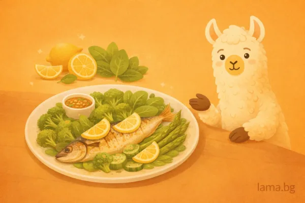 Печена скумрия или пъстърва с лимон и зелени зеленчуци, подходящо при инсулинова резистентност