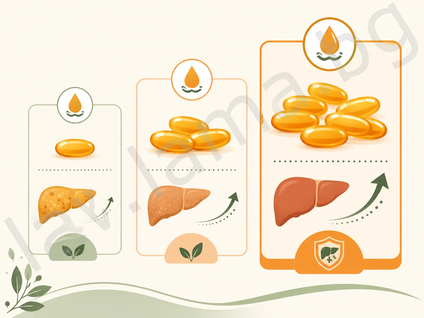 Инфографика с три нива на дозировка на омега-3 при омазнен черен дроб и чернодробна стеатоза